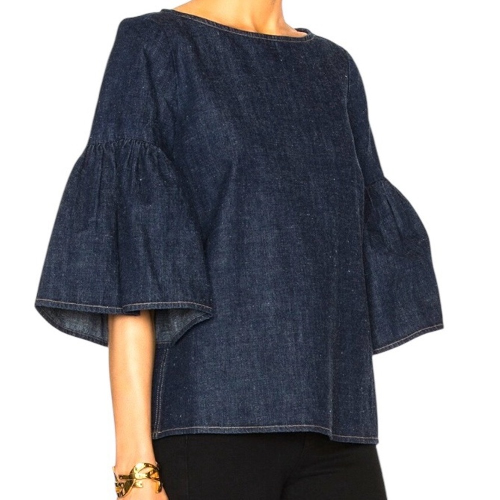 SUNO Slightly Oversized Blue Denim Shirred Bell Sleeve Boxy Blouse size 0